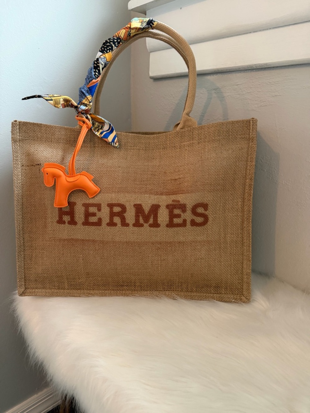 Luxury Brown Jute Tote with Orange Scarf Handle